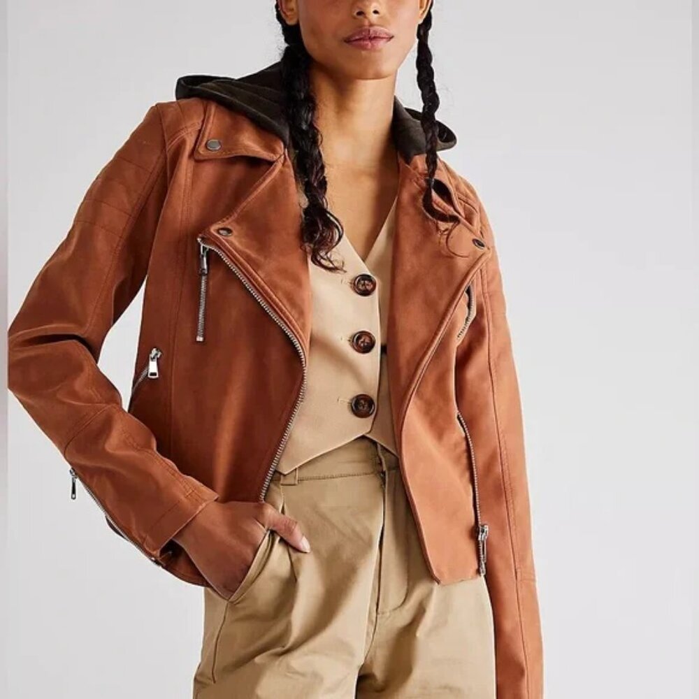 New FREE PEOPLE Suede Imitation Hooded Moto Jacket